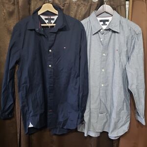 Lot 2 Tommy Hilfiger Men's Casual Navy Gray Button-Down Shirts Regular Stretch